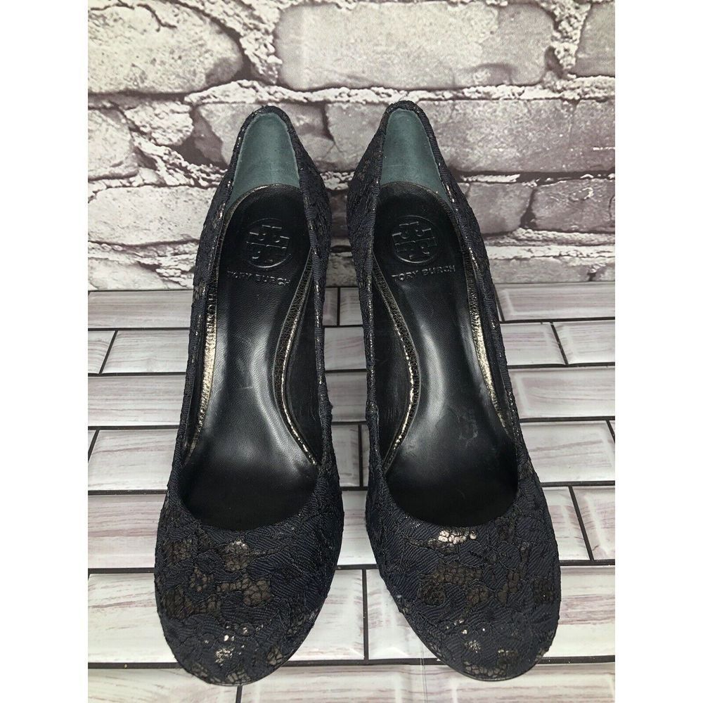 Tory Burch Black Leather Floral Fabric Platform Stiletto High Heels Women Sz 8M - Picture 2 of 16